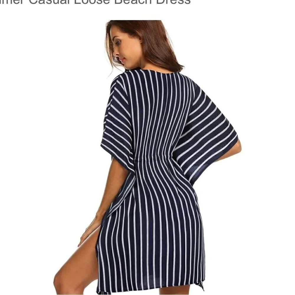 AvidLove navy blue and white striped swim cover up. Size small NWT